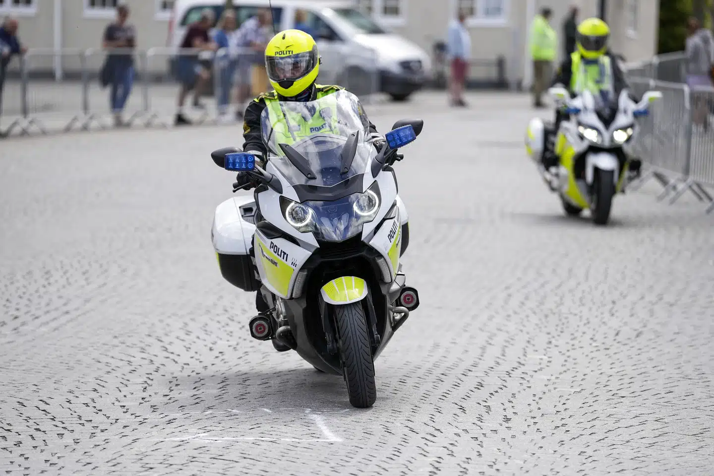 Omkring 25 politimotorcykler og tre patruljevogne kører 7. og 8. juni Tour de France-ruten i Danmark igennem for at blive fortrolig med rutens detaljer. Her ses politimotorcykler under cykelløbet Fyen Rundt den 22. maj. Frank Cilius/Ritzau Scanpix