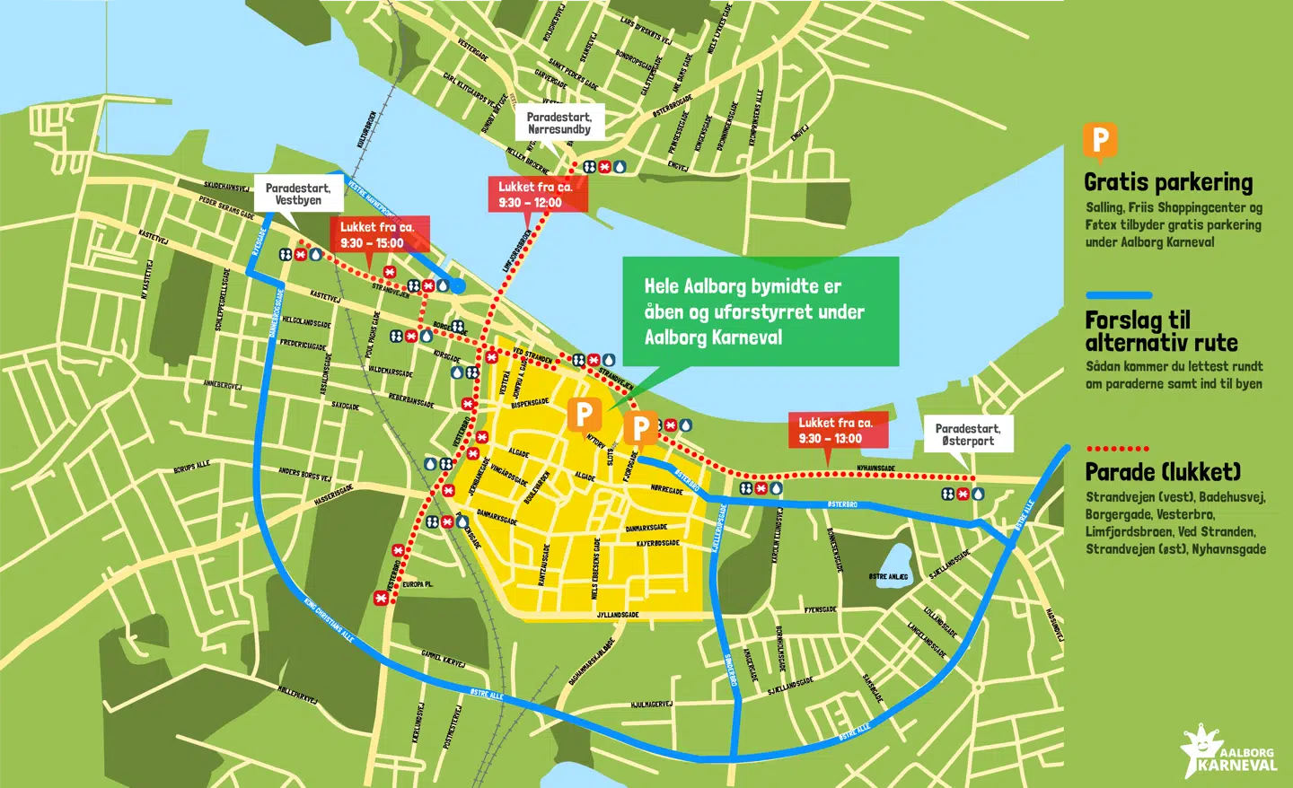 Her kan du se, hvordan trafikken bliver påvirket, når Nordeuropas største karneval løber af stablen i dag.