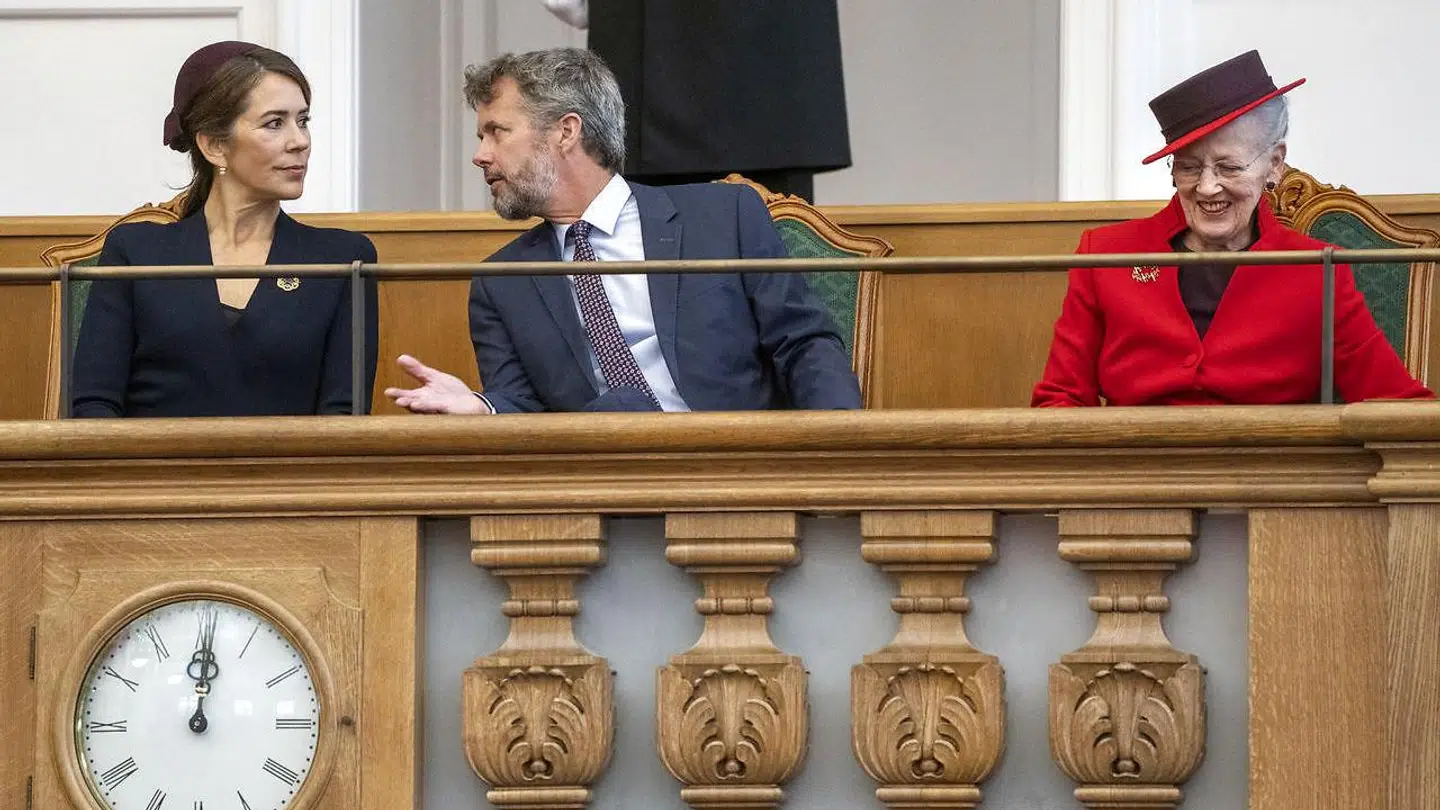 Folketingets åbning 2021. Dronning Margrethe, kronprins Frederik og kronprinsesse Mary.