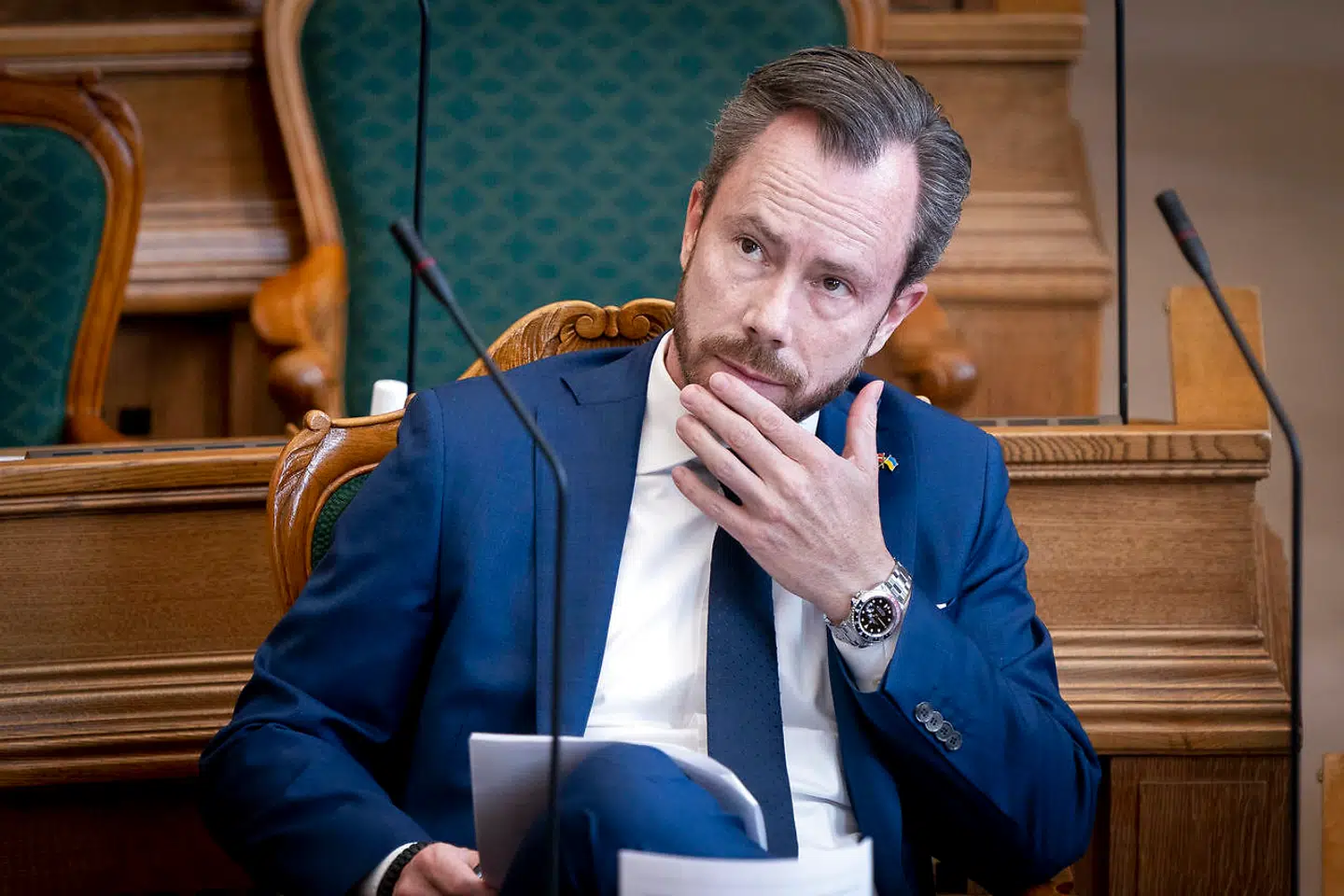 Venstres formand Jakob Ellemann-Jensen under spørgetime med statsminister Statsminister Mette Frederiksen i Folketingssalen på Christiansborg, tirsdag den 10. maj 2022.. (Foto: Liselotte Sabroe/Ritzau Scanpix)