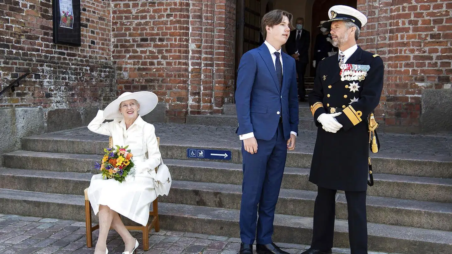 Dronningen, Kronprinsen og prins Christian i Haderslev i sommeren 2021 under fejringen af 100-året for genforeningen i Sønderjylland.