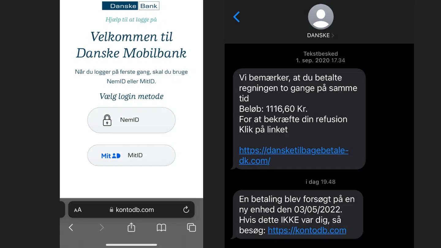 Aådan ser svindlen blandt andet ud. Selvom det ligner den rigtige Dansk Bank, så er det fup.