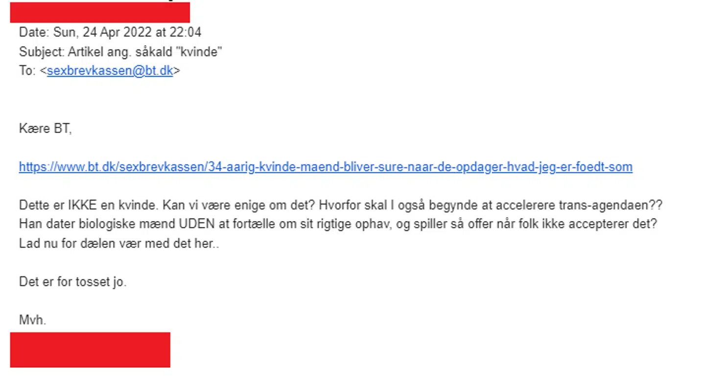 En af B.T.s læsere svarede tilbage på sidste uges sexbrevkasse og stillede sig uforstående over for, hvorfor en transkvinde ikke fortalte sine dates, at hun er født som dreng.