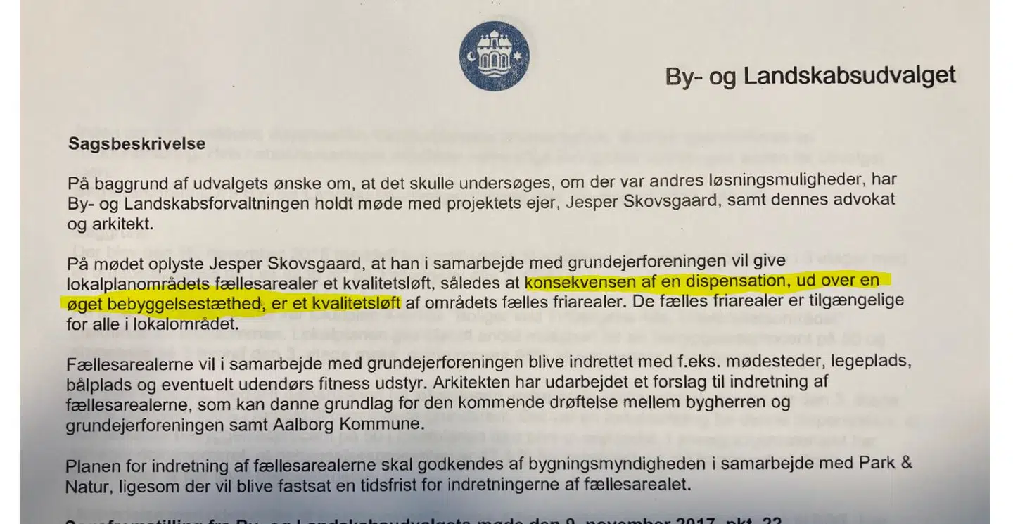 'Straffen' for, Jesper Skovsgaard har bygget for meget på Tingbergens Allé – en dispensation samt et 'kvalitetsløft' af fællesarealerne. I følge kritikere en ret så lukrativ aftale for byggematadoren, hvor han tjener på de ekstra bebyggede kvadratmeter og i stedet betaler billigt for løftet af fællesarealet.