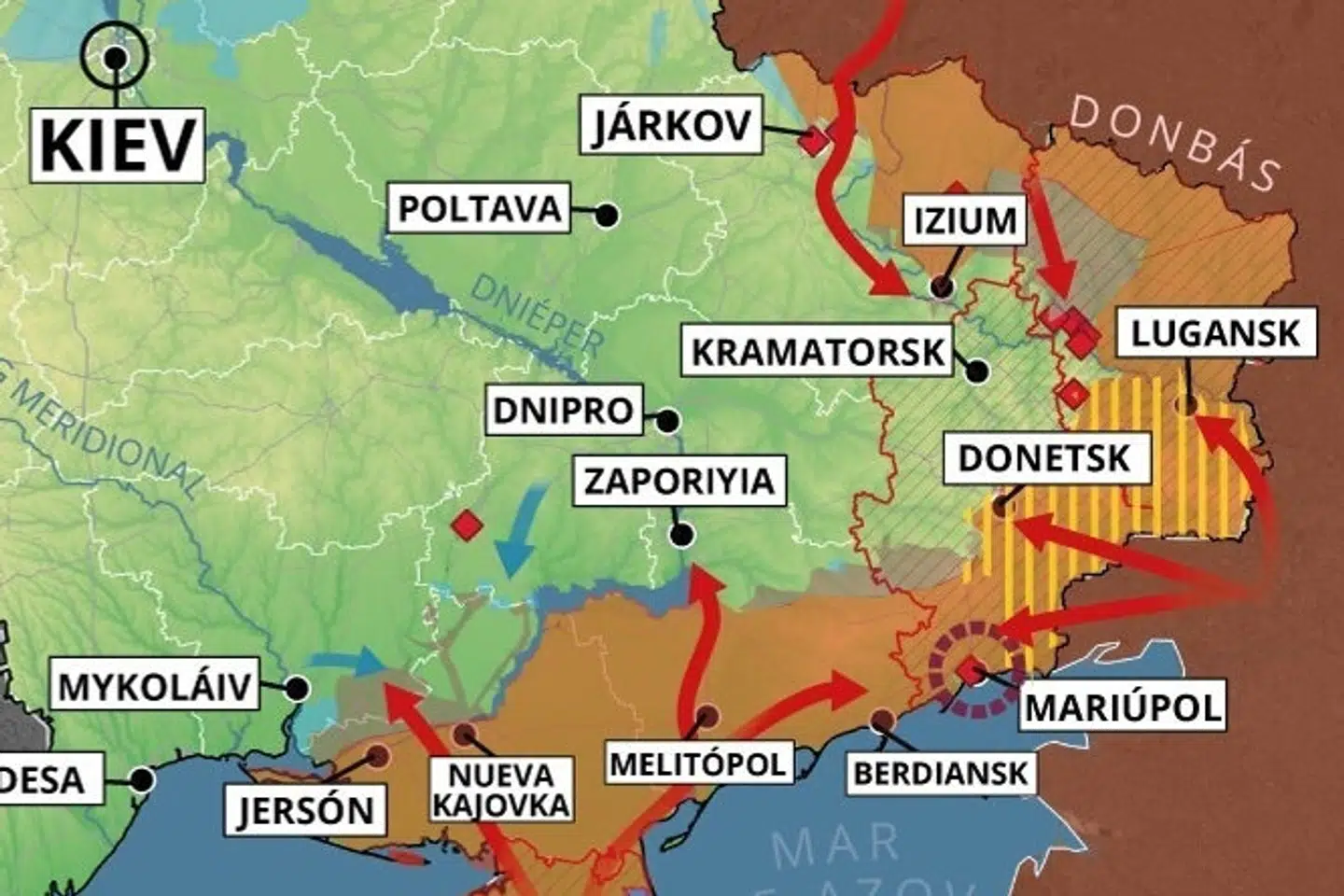 De russiske styrker er siden mandag rykket frem på flere fronter i det østlige Ukraine (de røde pile), men synes ikke for alvor at have slået hul på de ukrainske forsvarsværker. Europa Press/Ritzau Scanpix