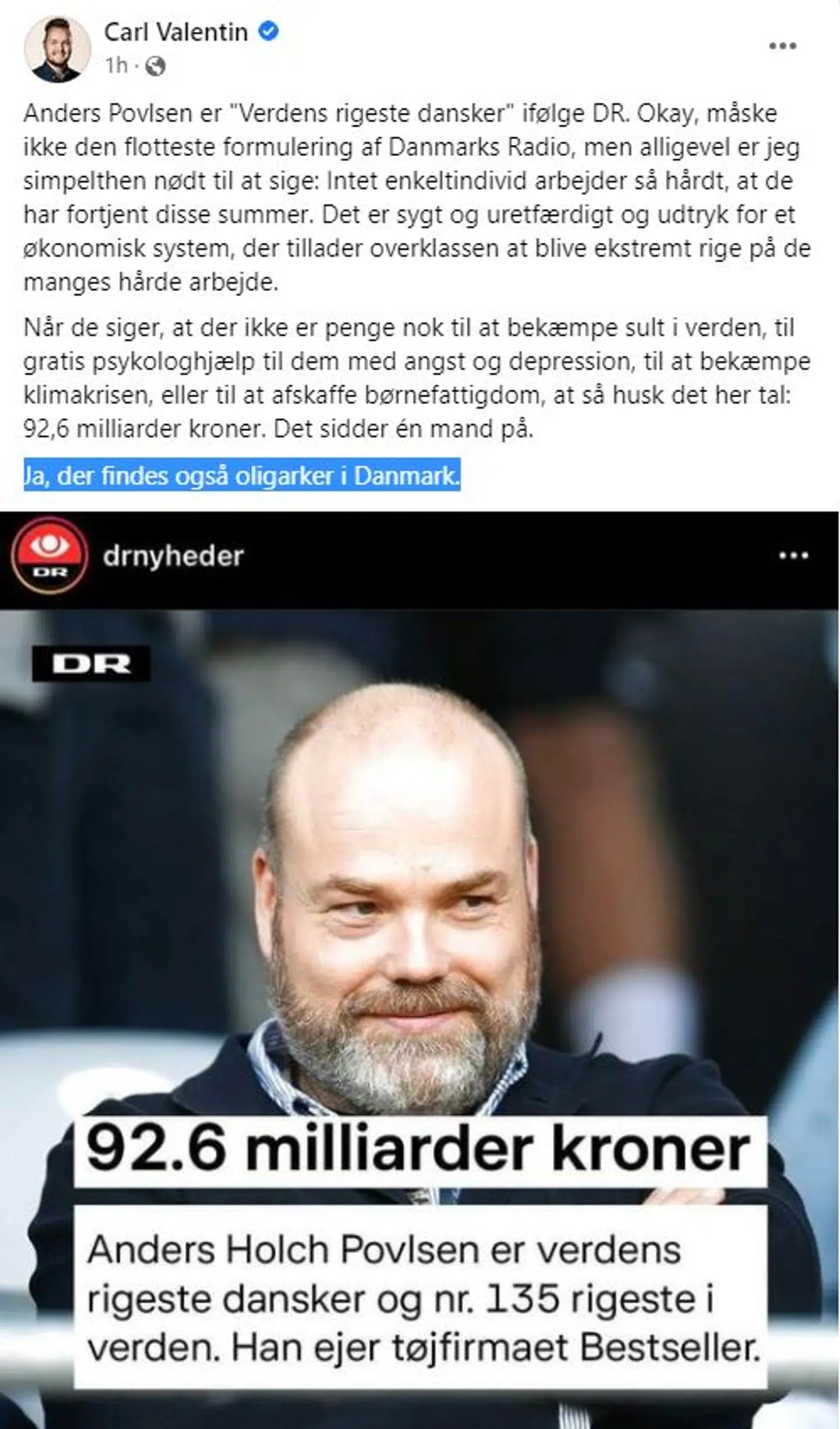 Carl Valentins opslag på Facebook har allerede samlet en del kritiske kommentarer.