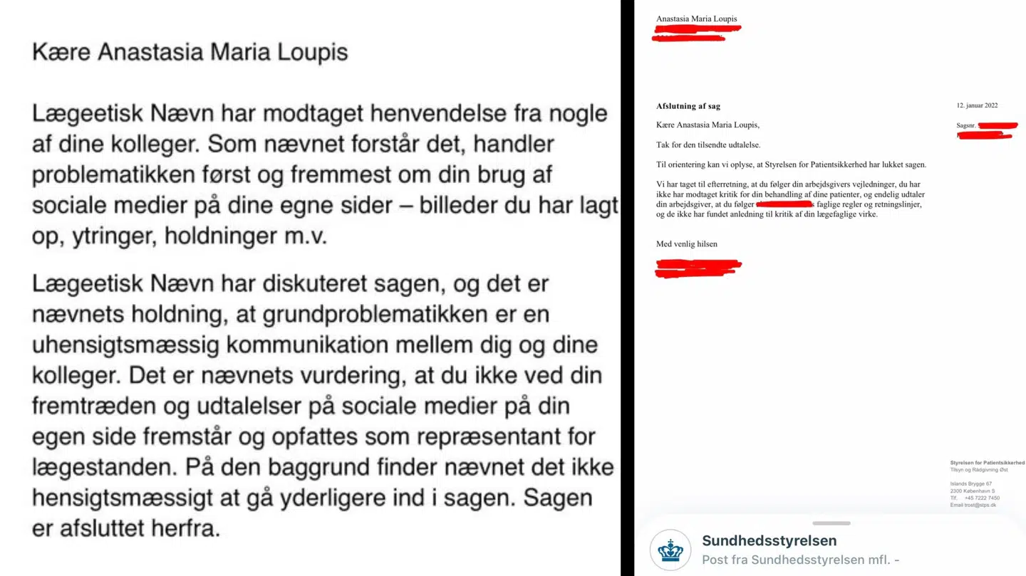 Til venstre er beskeden fra Lægeetisk Nævn, som Anastasia Maria Loupis har delt på de sociale medier. Til højre er afgørelsen fra Styrelsen fra Patientsikkerhed.