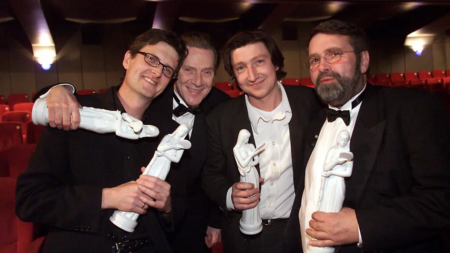 Til Bodilfest i 2001, hvor ’Bænken’ blev den store triumfator. Fra venstre Per Fly, Jesper Christensen, Nikolaj Kopernikus og producenten Ib Tardini. Foto Jørgen Jessen