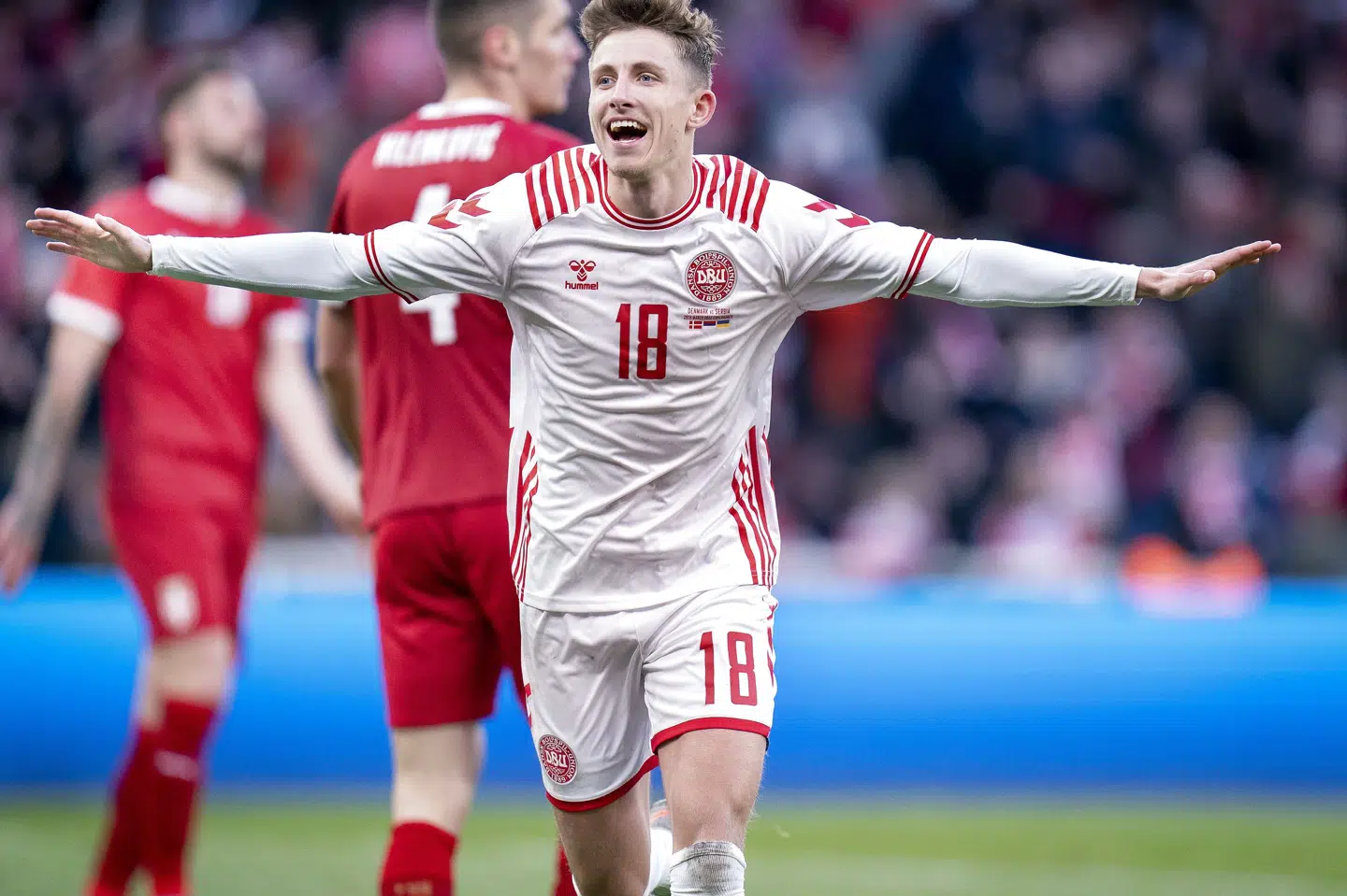 Jesper Lindstrøm scorede sit første mål på A-landsholdet, da Danmark overrumplede Serbien med 3-0 i Parken. Liselotte Sabroe/Ritzau Scanpix