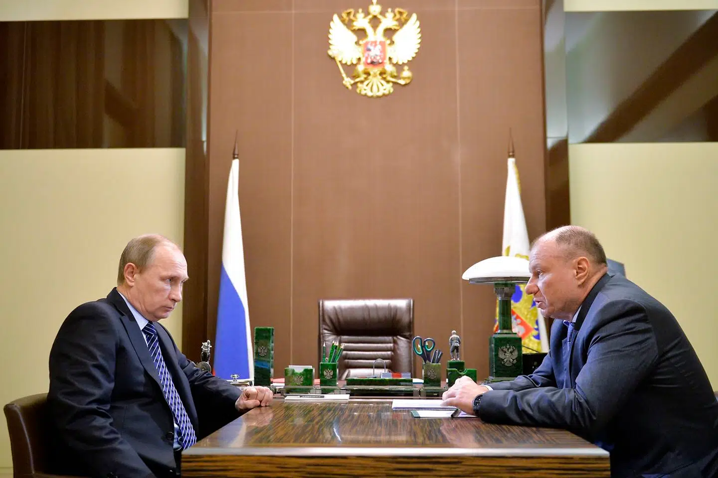 Russian President Vladimir Putin, left, listens to Interros Investment Company President Vladimir Potanin, in the Bocharov Ruchei residence outside the Black Sea resort of Sochi, Russia, Wednesday, Nov. 11, 2015.(Alexei Druzhinin, RIA-Novosti, Kremlin Pool Photo via AP)
