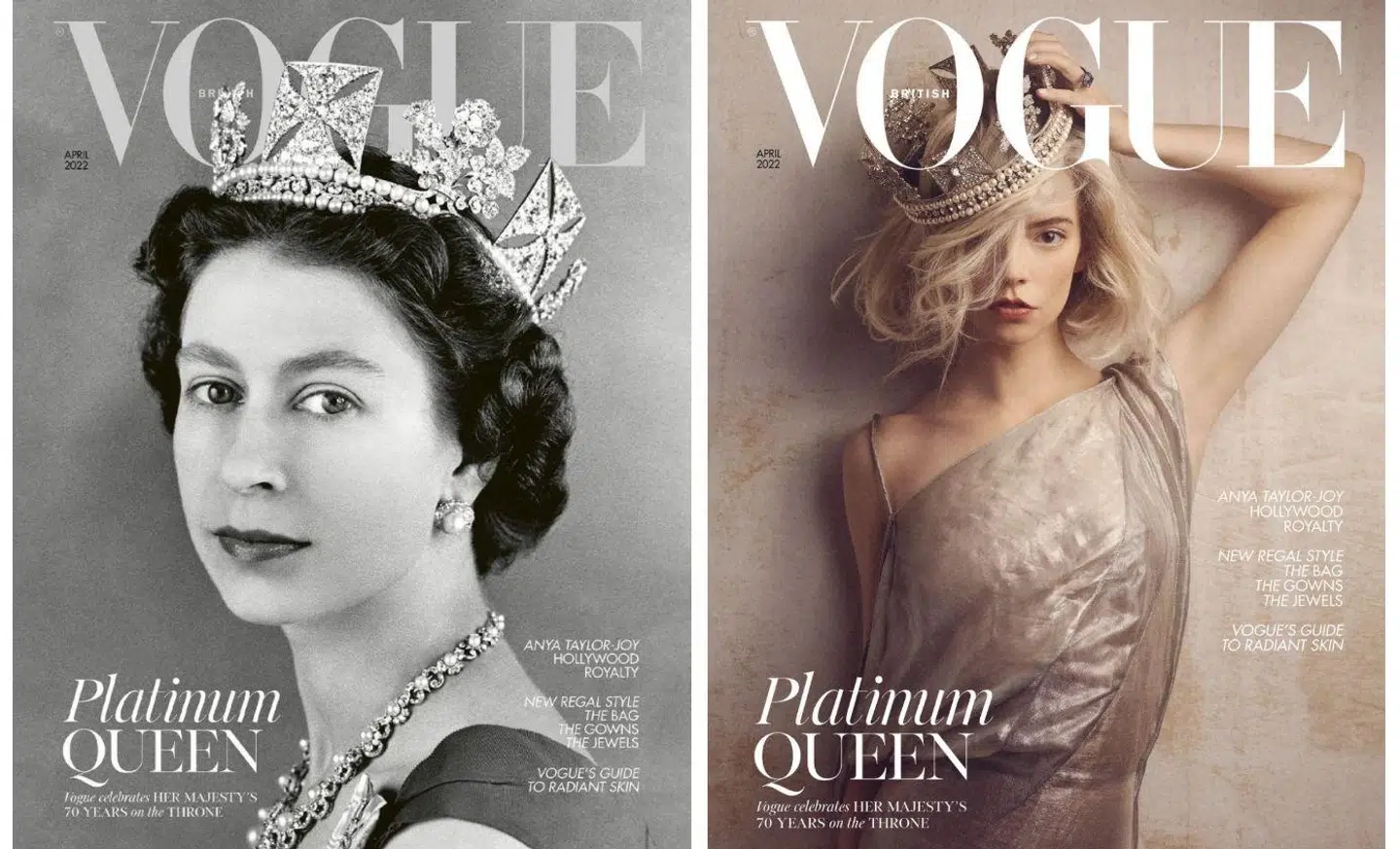 Dronning Elizabeth og skuespiller Anya Taylor-Joy pryder dobbeltforsiden af britisk Vogue til april.