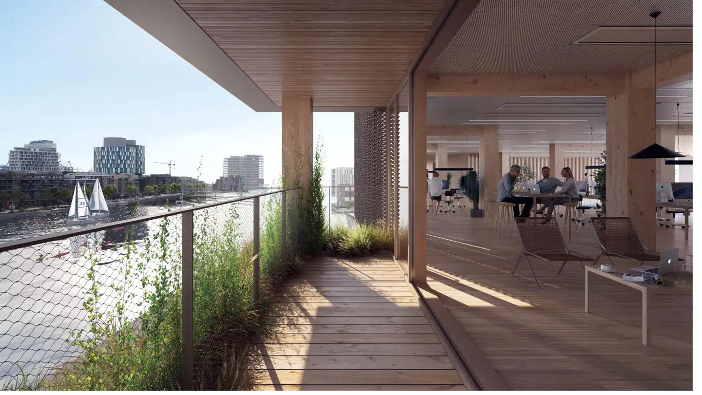 Her kan man tydeligt se, hvordan bygnignen er lavet af træ. Foto: Henning Larsen.