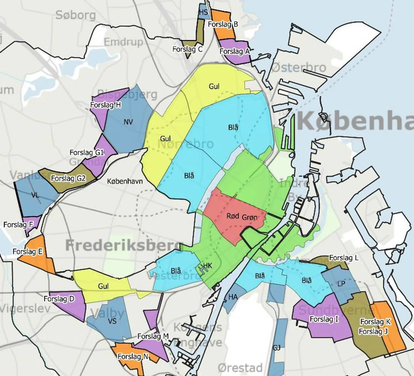 Det er områderne kaldet 'Forslag A-L,' der netop er landet en aftale om at oprette. Grafik: Københavns Kommune