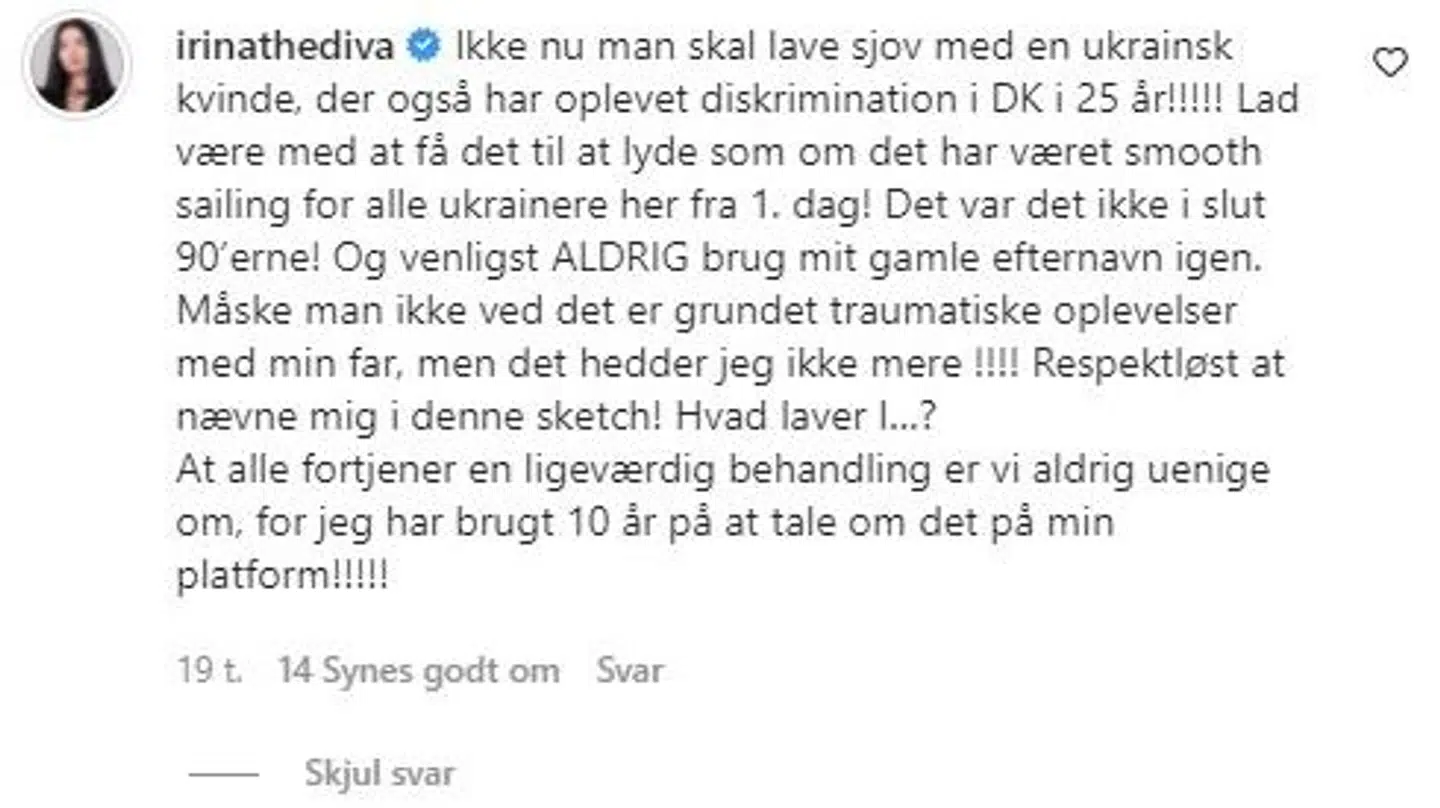 Irina Olsens kommentar på Hadi Ka-Koush' opslag, hvor han har delt sketchen. Foto: Instagram