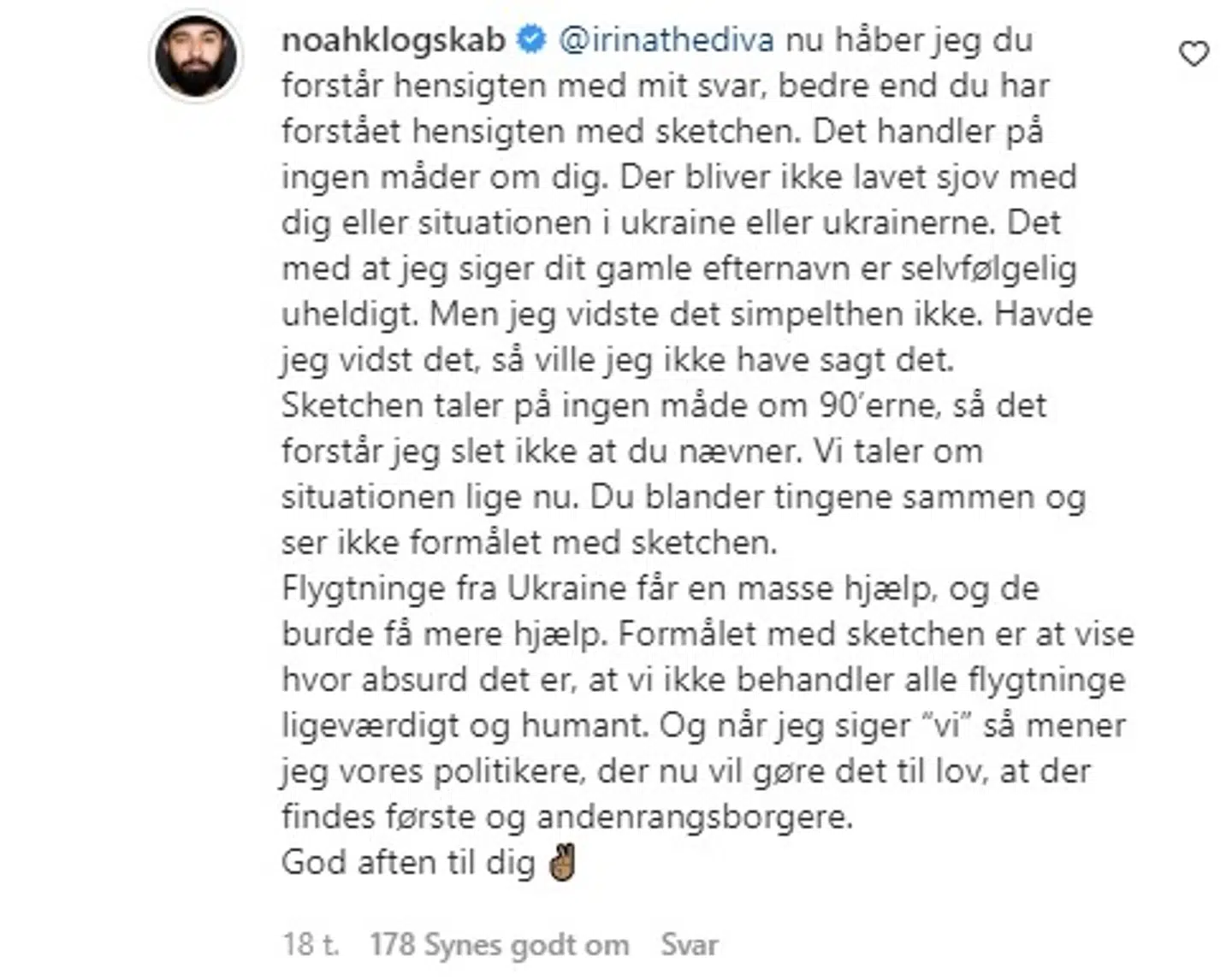 Hadi Ka-Koush' svar til Irina Olsen. Foto: Instagram