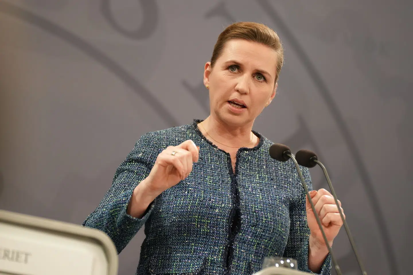 Pressemøde om Nationalt kompromis om dansk sikkerhedspolitik afholdes i Statsministeriet i København, søndag den 6. marts 2022. Ud over statsminister Mette Frederiksen deltager Venstres formand Jakob Ellemann-Jensen, SF's formand Pia Olsen Dyhr, Radikales formand Sofie Carsten Nielsen og Det Konservative Folkepartis formand Søren Pape Poulsen. Emil Helms/Ritzau Scanpix