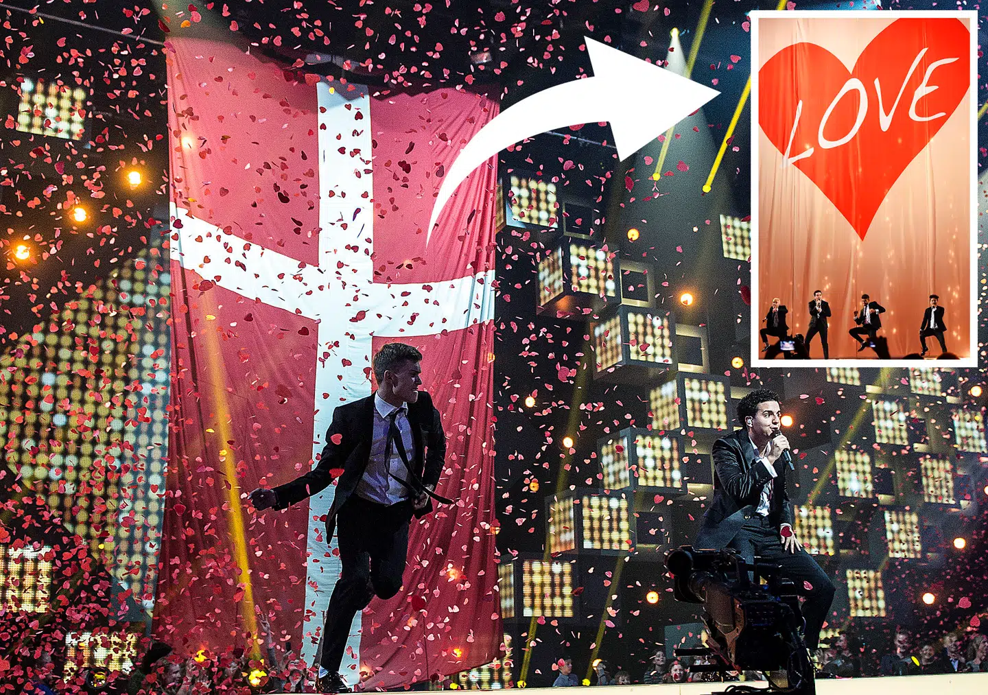 Basim foran Dannebrog, inden det ved Eurovision blev skiftet ud med et flag med påskriften 'Love'.