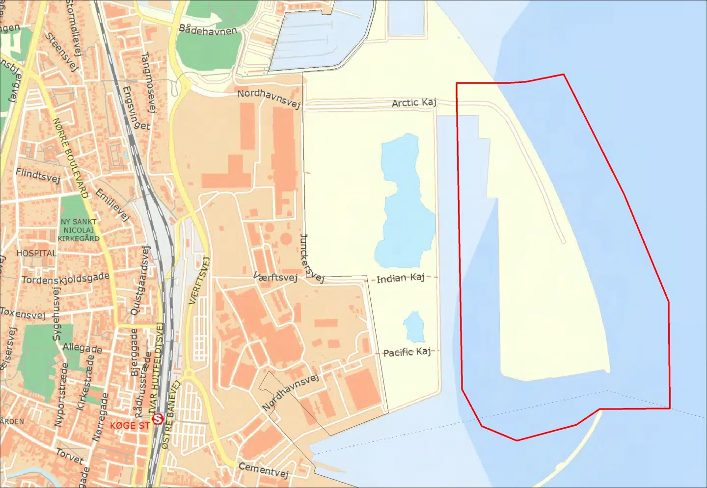 Området af Køge Havn, der bliver midlertidigt militært område de kommende dage.