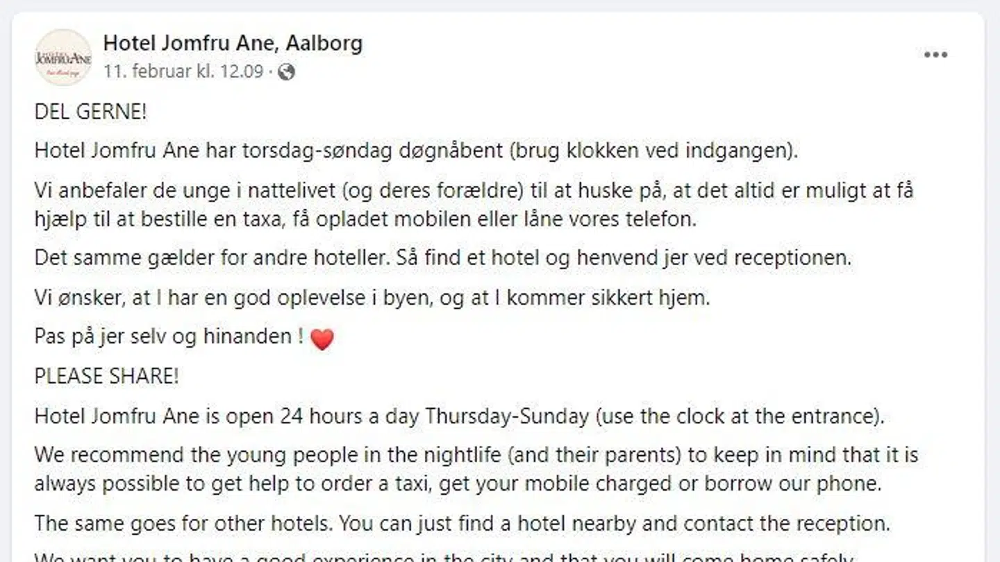 Her ses det Facebook-opslag, som Hotel Jomfru Ane har opfordret folk til at dele.