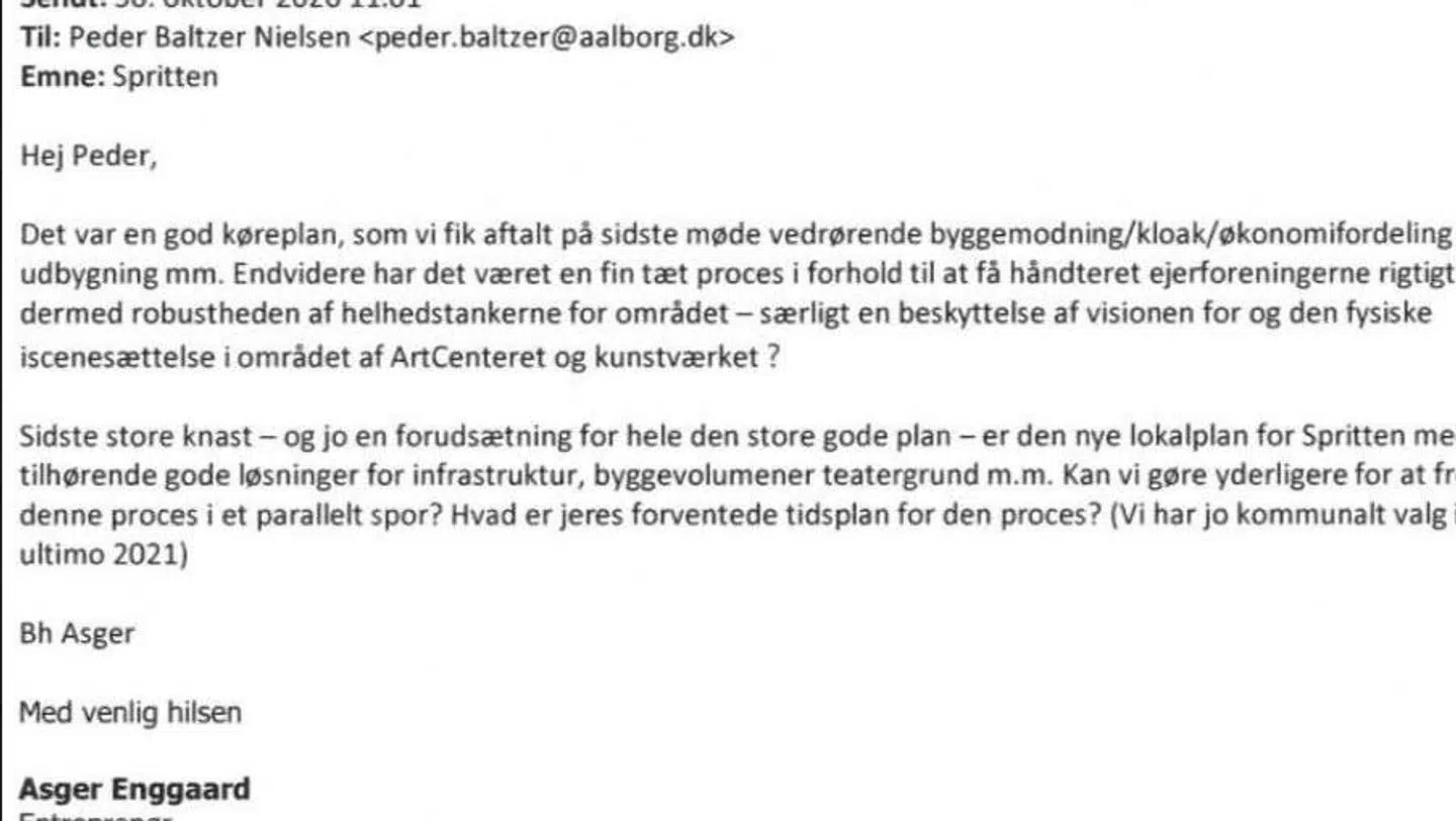 Mail fra Asger Enggaard til stadsarkitekt Peder Baltzer, hvor han takker for et godt møde om lokalplanen. Men der er intet referat fra mødet.