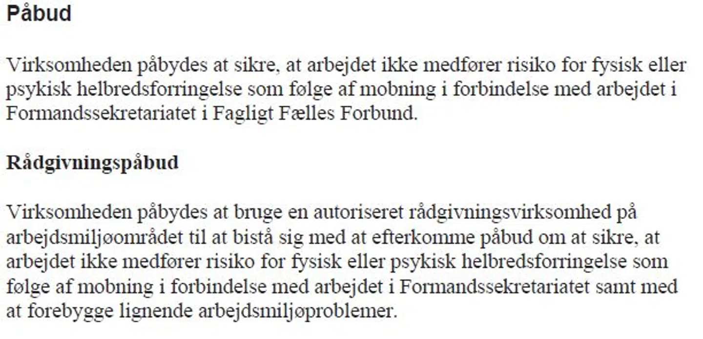Arbejdstilsynets påbud overfor 3Fs Formandssekretariat