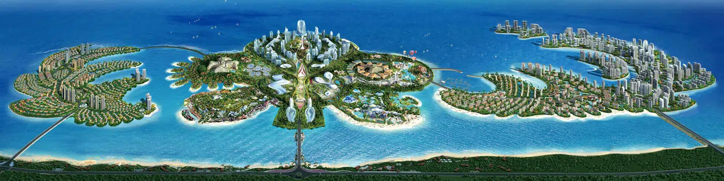 Sådan skal Havblomstøen efter planen se ud. Den er 1,5 gange større end Palm Island i Dubai.