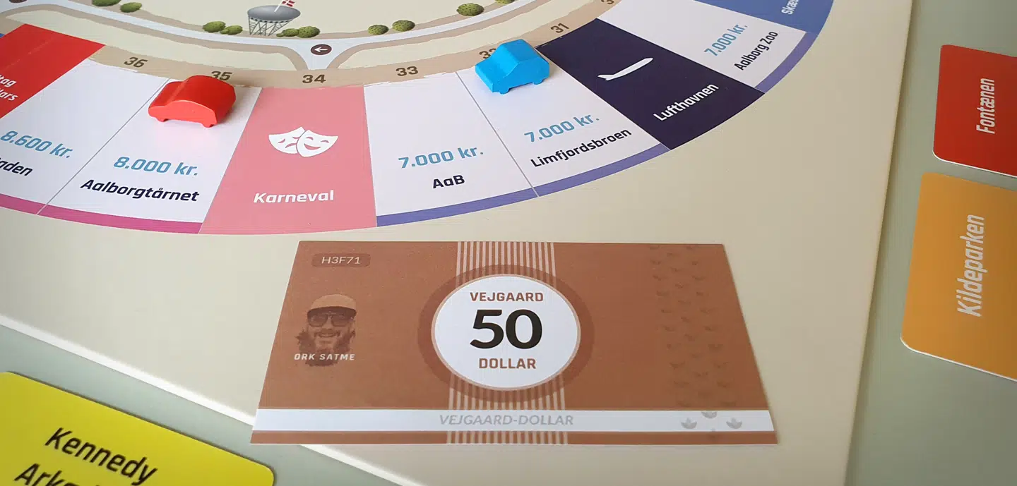 Det er Jonny Hefty, der pryder spillets 'Vejgaard-dollar', eller bare 50-kroner, som det hedder på godt gammeldags dansk.