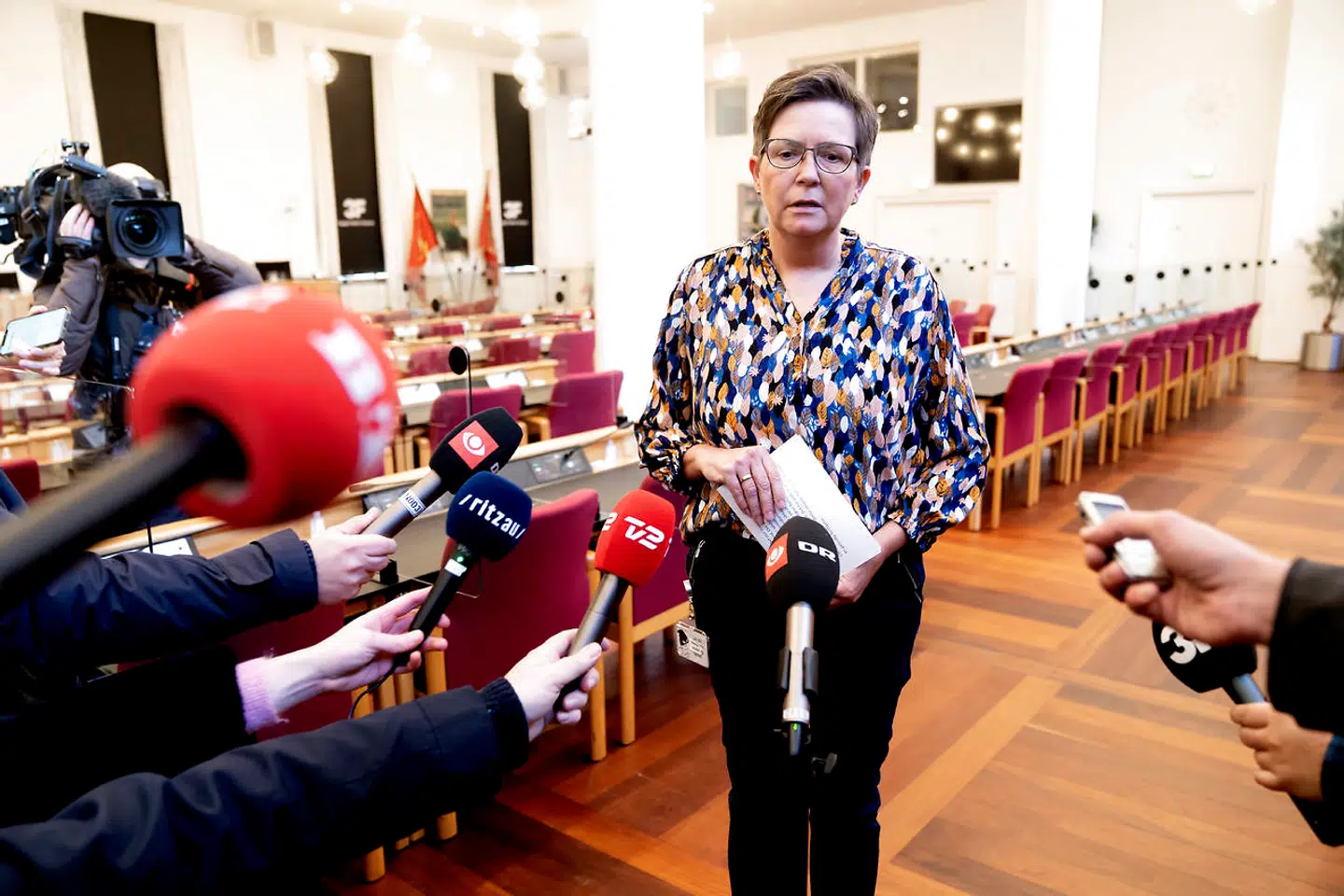 Næstformand i 3F Tina Christensen briefer pressen efter 3Fs hovedbestyrelses krisemøde om formandens dobbeltliv.