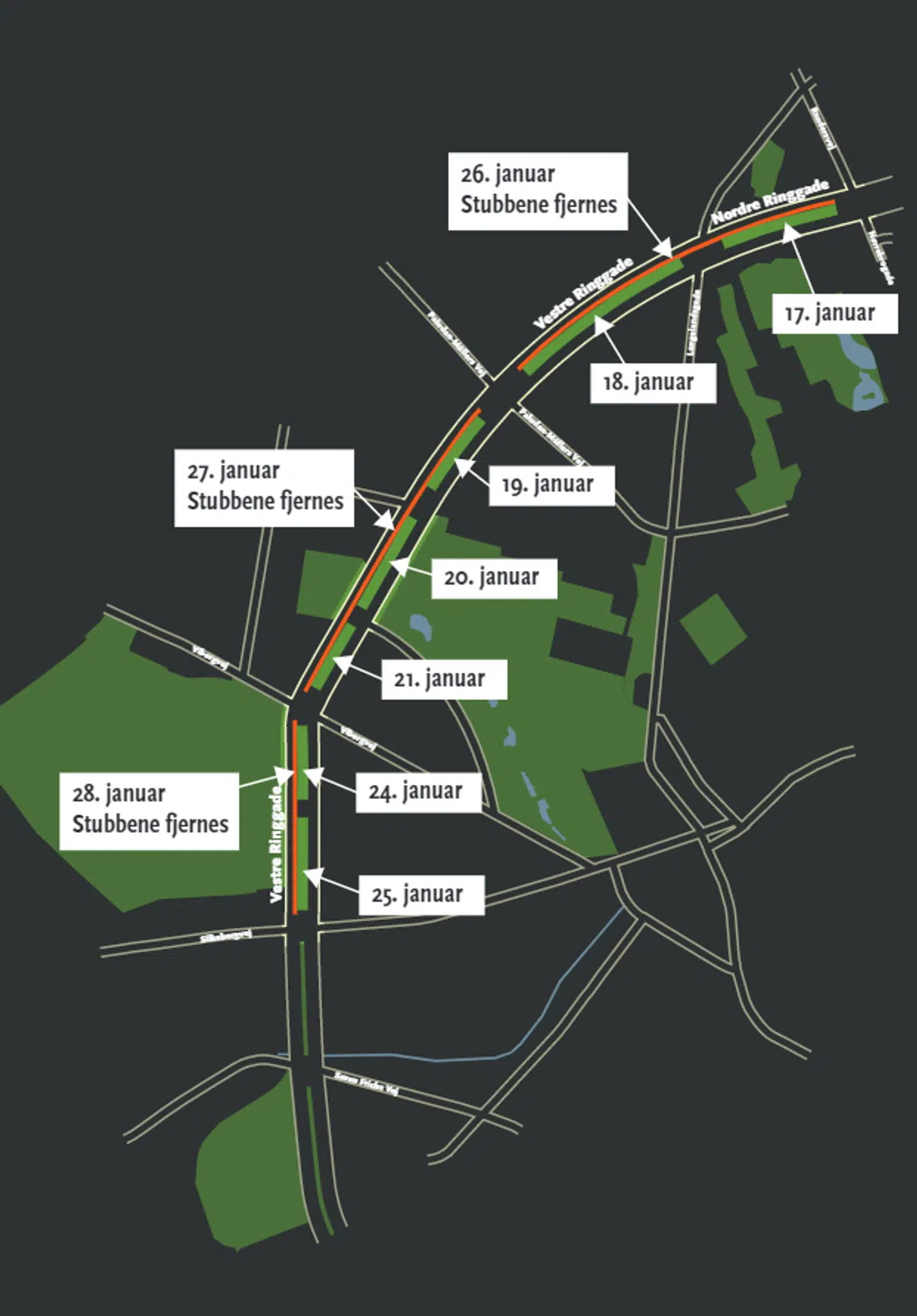 Her ses hvornår og hvor på Ringgaden, der fældes.