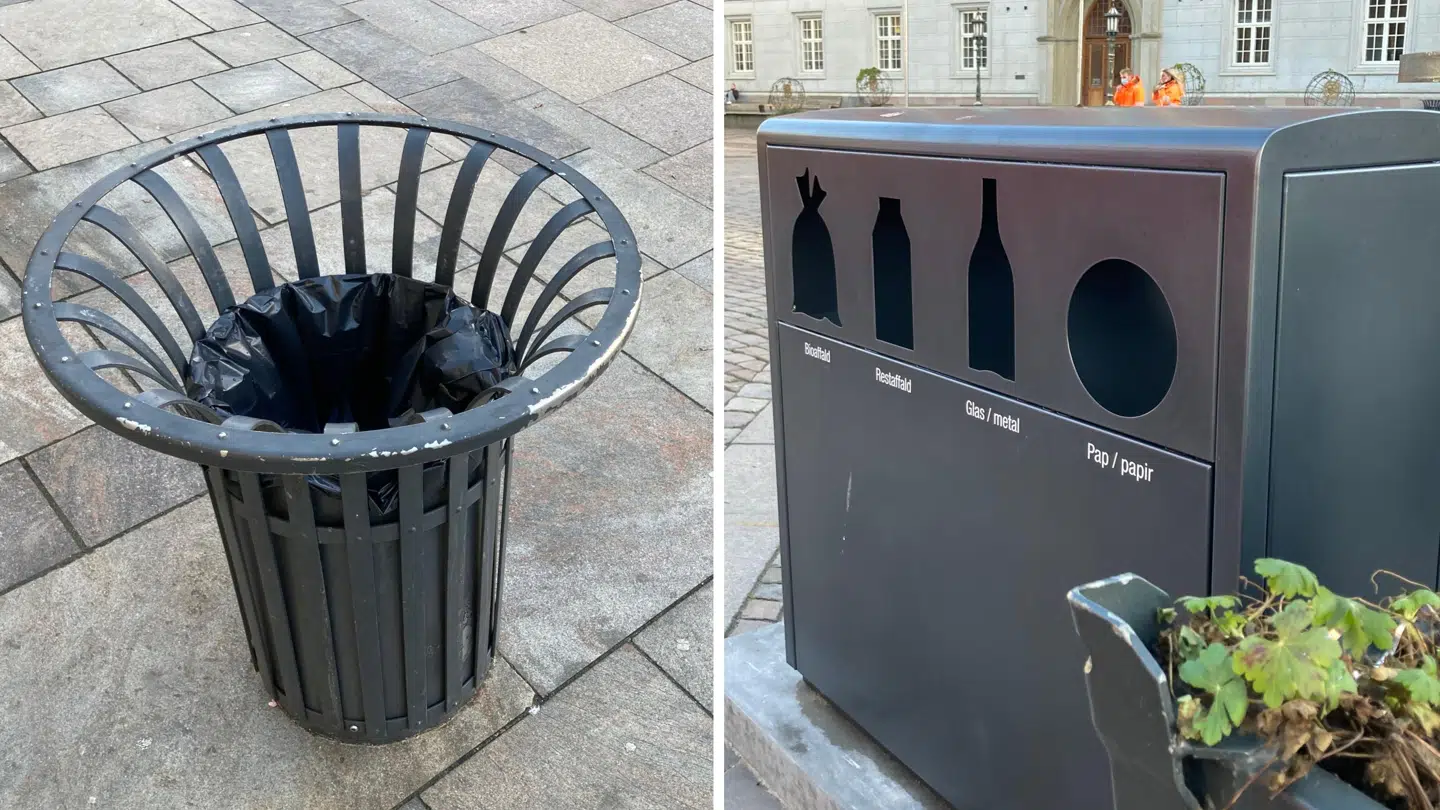 Til venstre er den konventionelle skraldespand med kun et hul til skrald. Til højre er den nye skraldespand, hvor der er fire huller til affald.