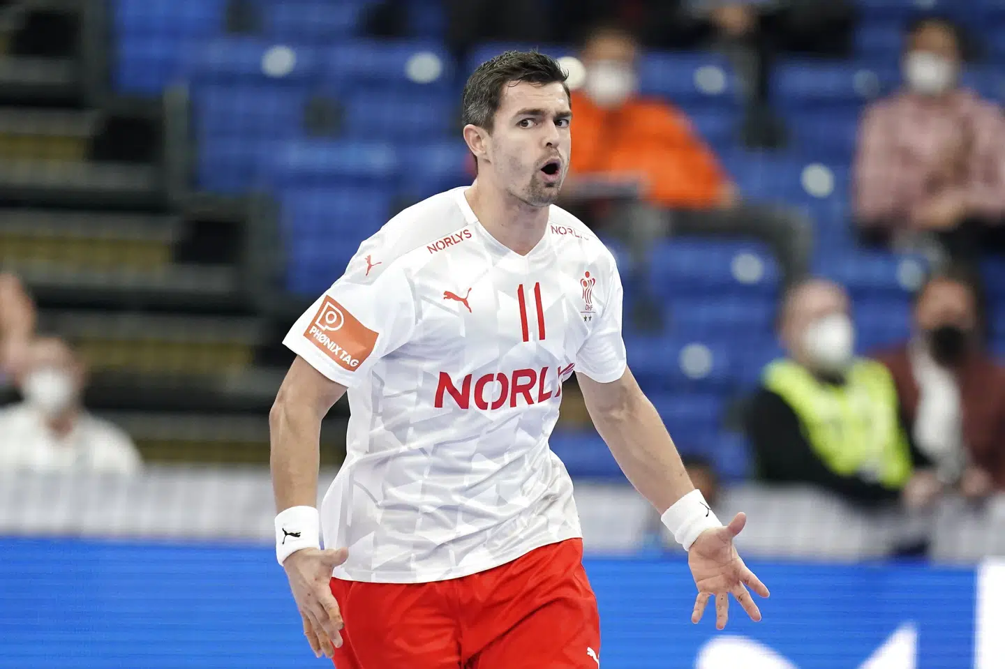 Rasmus Lauge fik slutrundecomeback for Danmark i sejren over Montenegro. Liselotte Sabroe/Ritzau Scanpix