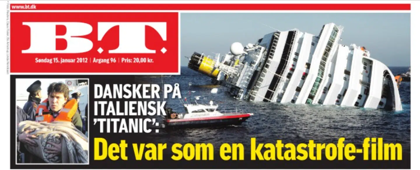 Her er toppen af B.T.s forside om søndagen 15. januar 2012.