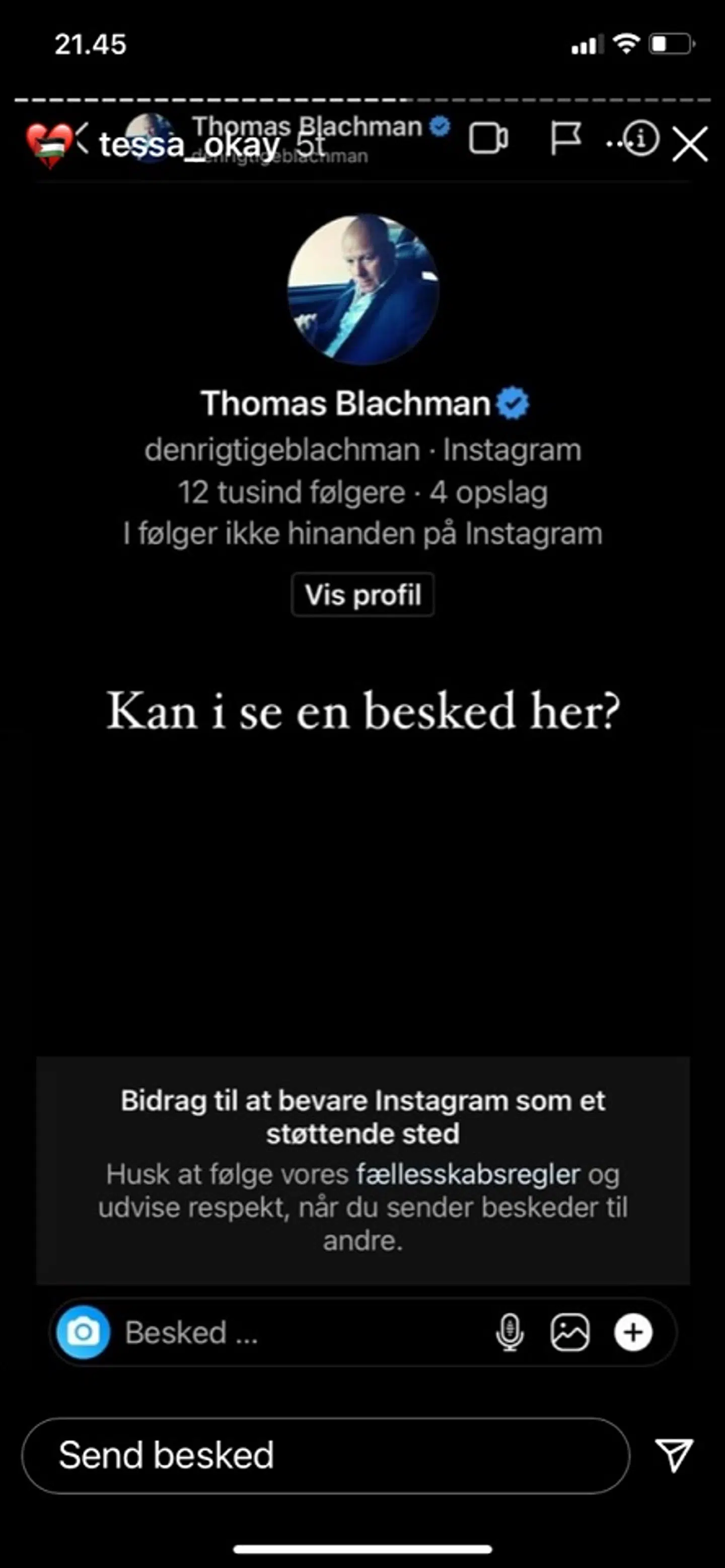 Tessa har lagt dette screendump op, som hun mener viser, at Blachman ikke har sendt hende en undskyldning.