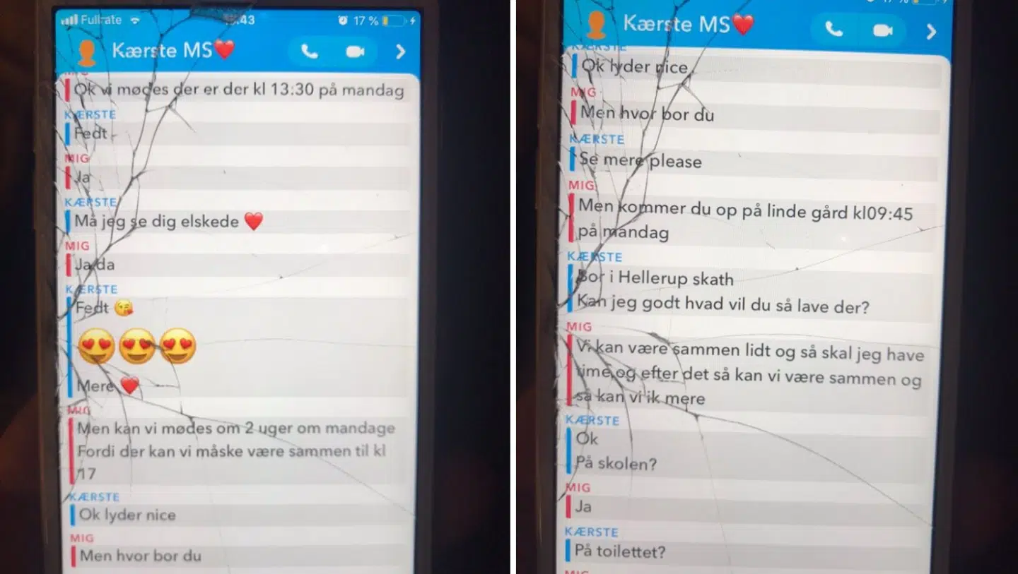 Her ses nogle af de beskeder, som var blevet send mellem Veronicas datter og manden bag profilen, som datteren kaldte 'Kærste'. Privatfoto.