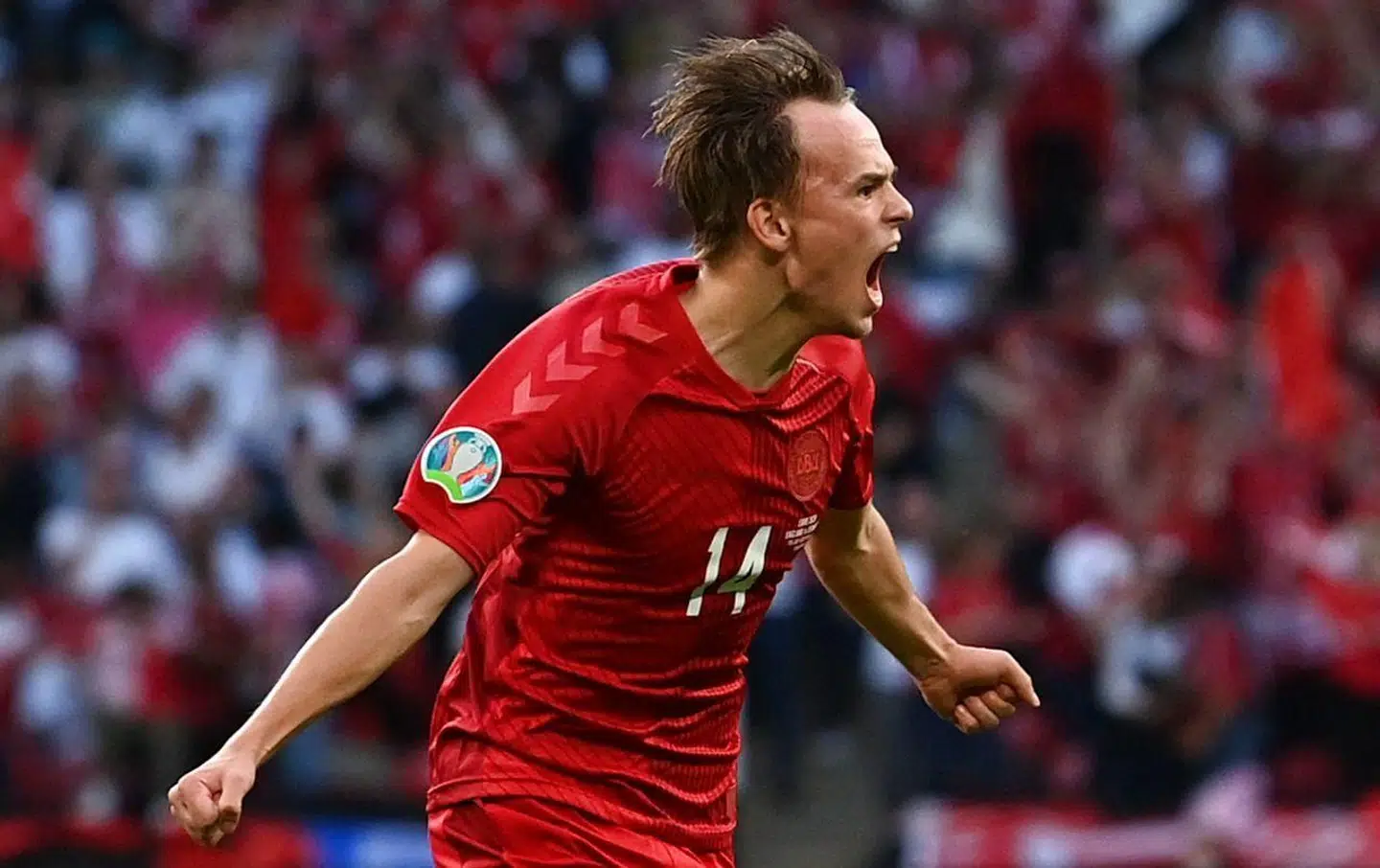 Mikkel Damsgaard, da han fejrede sit flotte mål for Danmark i EM-semifinalen mod England