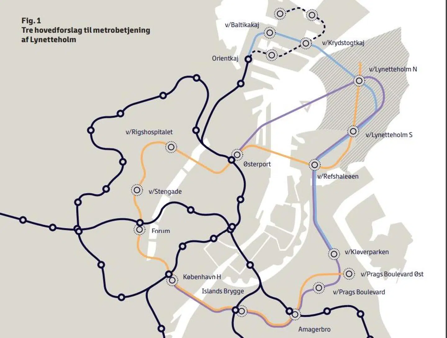 Den stiplede linje øverst i billedet er de de to eller tre nye stationer, der kommer på M4 ved Nordhavn. Foto: Metroselskabet.