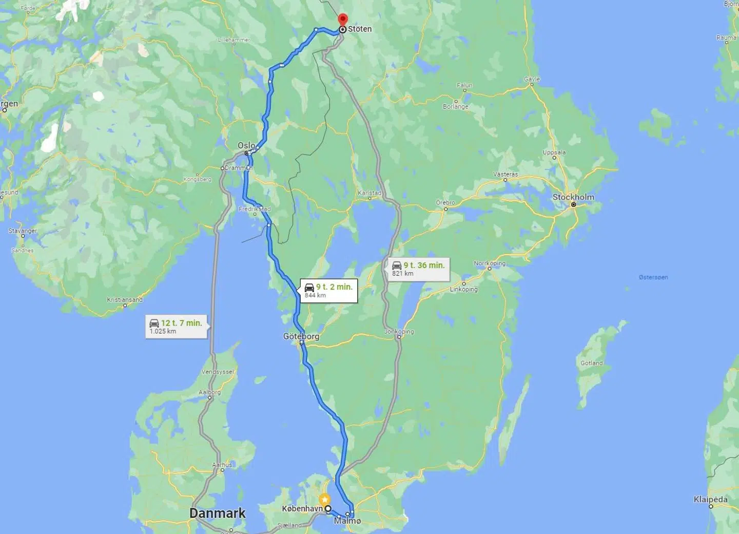 Sådan ser det ud, når man skriver ruten fra Stöten til København ind på Google Maps.