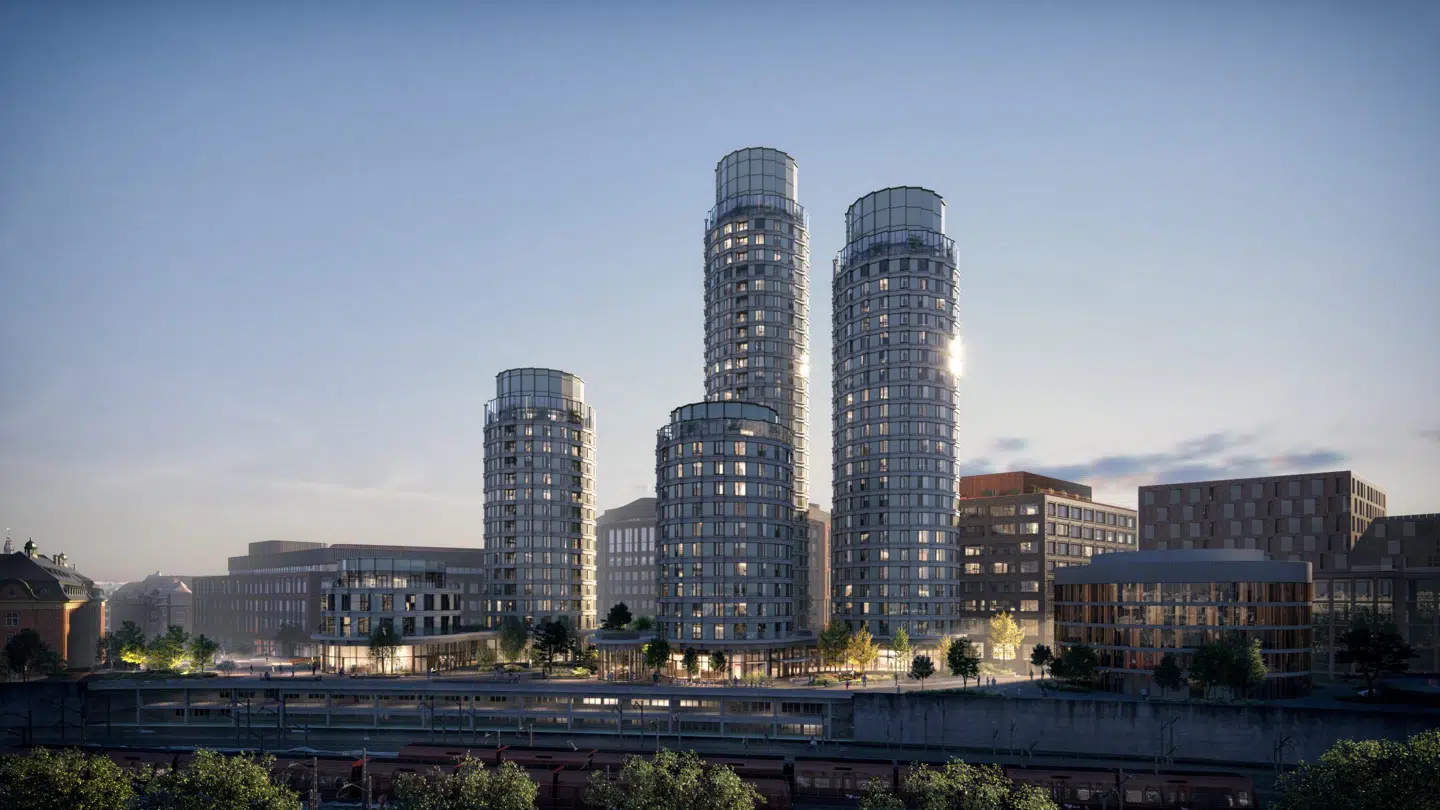 Anden etape af det store byggeri af Postbyen kommer til at rumme kontorbygningen The Stamp, fire tårne med boliger og hotellejligheder. Visualisering: Arkitema, 2021