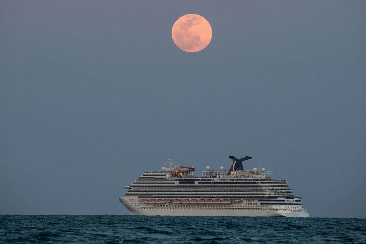 Det har lange udsigter, hvis man ønsker at opleve fuldmåne om bord på et amerikansk krydstogtskib. For myndighederne skærper advarslerne mod at tage på krydstogtsejlads, mens smitten med covid-19 stiger hastigt. Luksusfærgen hedder Carnival Vista, og sådan så det ud 26. april i år, da skibet lå ud for Miami Beach. Chandan Khanna/Ritzau Scanpix