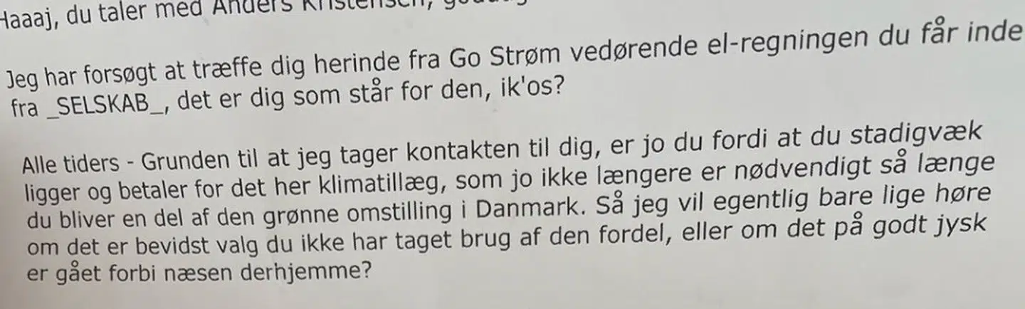 Sådan ser noget af det vejledningsark, som Sofie fik udleveret, da hun startede som telefonsælger ved Go Strøm. Privatfoto.