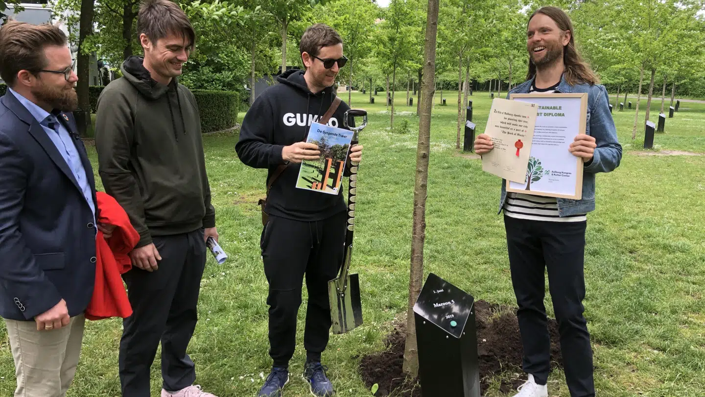 Maroon 5 plantede traditionen tro et syngende træ i Kildeparken, da de i juni 2019 spillede i Aalborg. Nicolaj Holm hjælper til.
