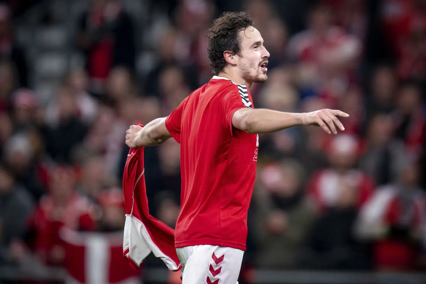 Thomas Delaney kunne 12. oktober juble over at have kvalificeret sig til VM 2022 sammen med det danske landshold. (Arkivfoto) Liselotte Sabroe/Ritzau Scanpix