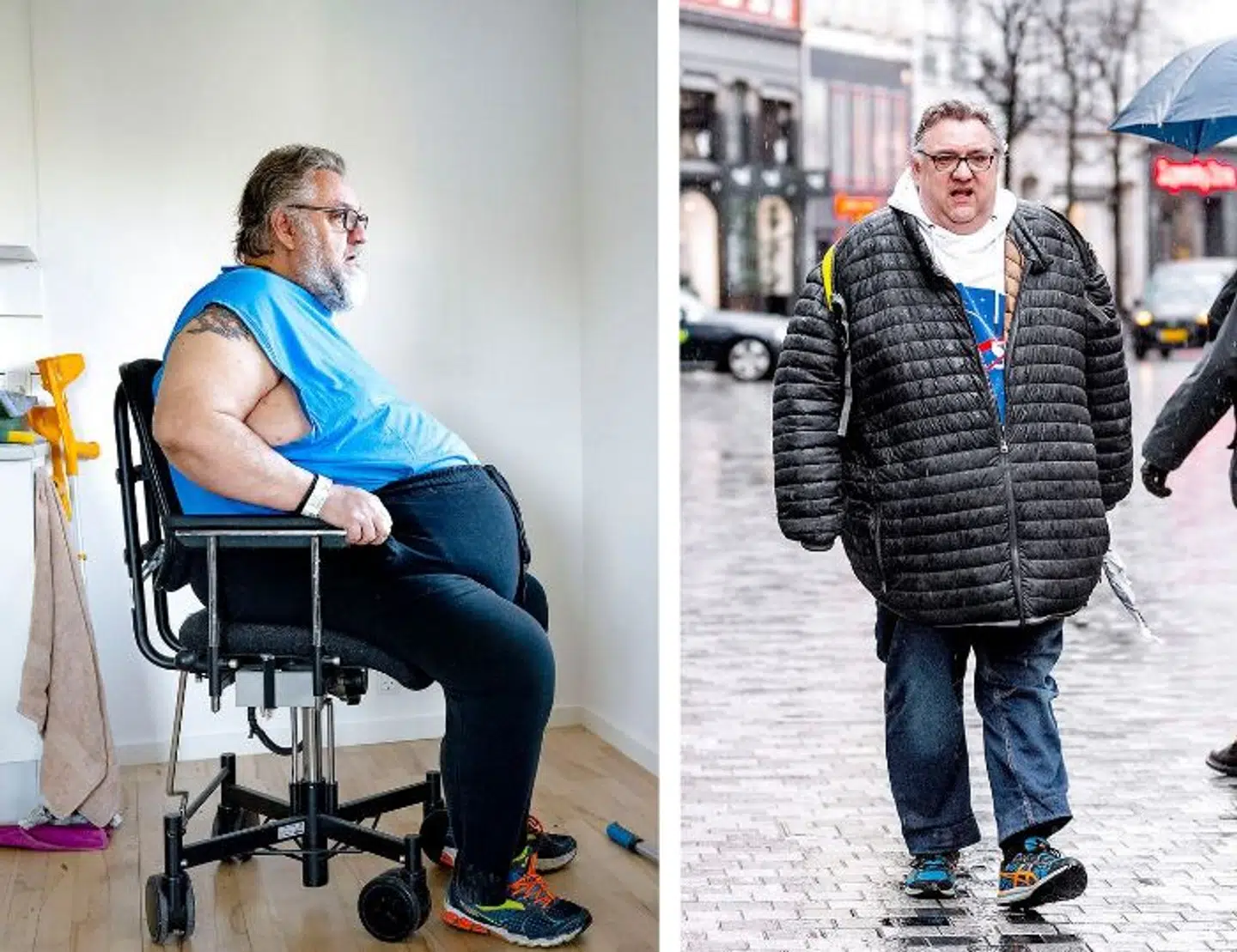 I dag sidder Brian Stausholm ned det meste af dagen. Enten i en stol derhjemme eller på sin elscooter udenfor. For bare ni måneder siden (foto til højre) kunne han selv gå og bevæge sig rundt i byen.