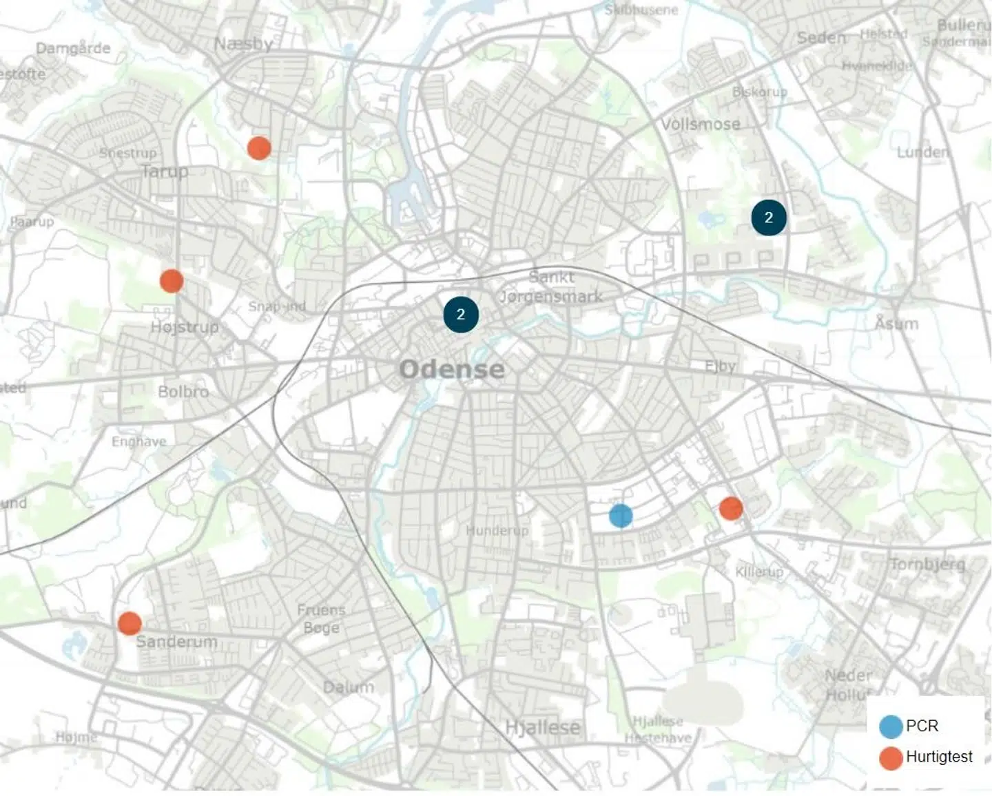 Der er i alt ni testcentre i Odense. Kort: Coronasmitte.dk