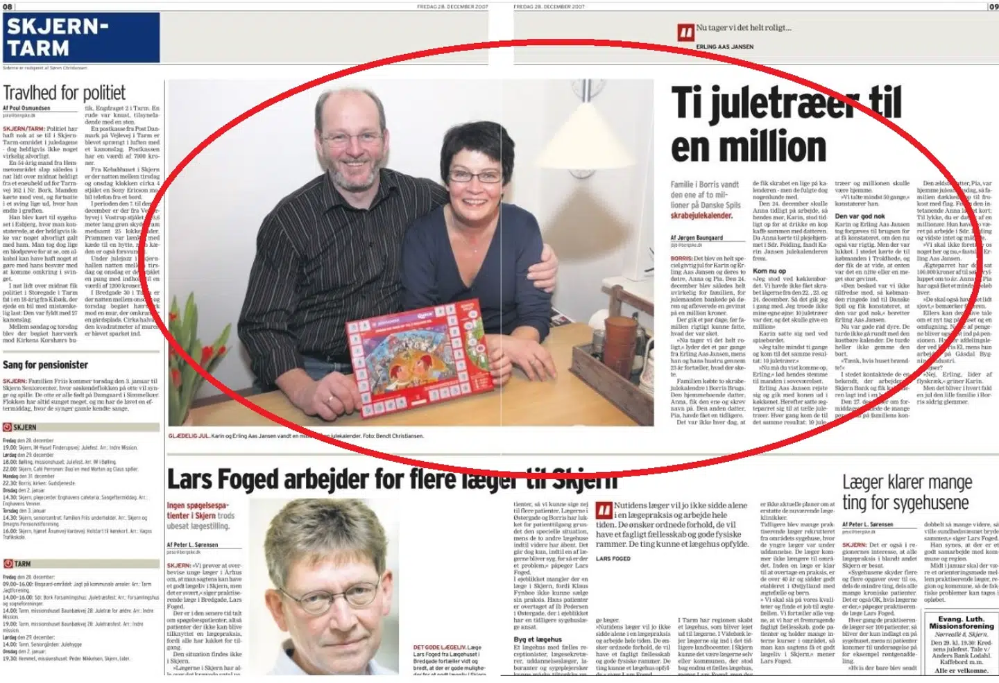 Udklip fra Dagbladet Ringkøbing-Skjern 28. december 2007. Erling og Karin Aas Jansen med deres vinderkalender.