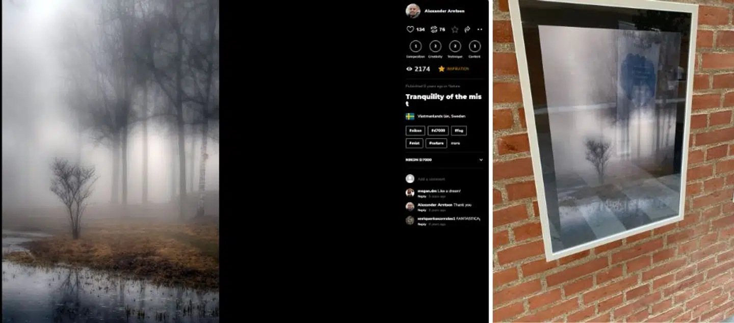 Screendump af Alexander Arntsens billede på hans profil på billedplatformen Viewbug og billedet, som Steen Nilsson udstillier i Køge.