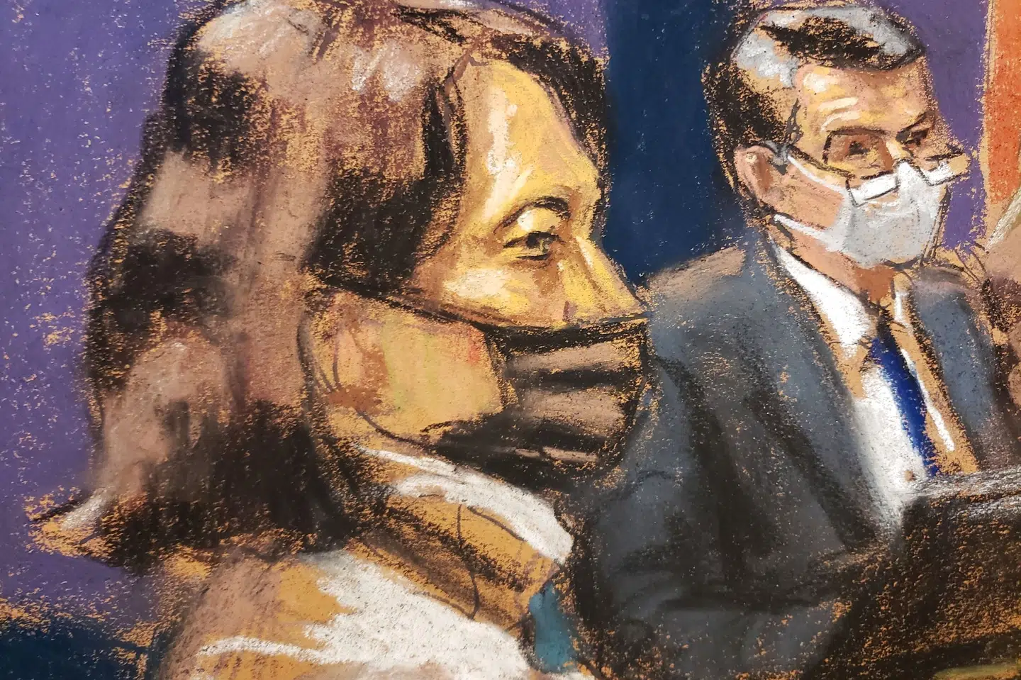 Ghislaine Maxwell tegnet i retten i New York City mandag. Hun fastholder i sin uskyld i sagen, hvor hun er anklaget for at være medskyldig i sin ekskæreste Jeffrey Epsteins seksuelle misbrug af unge piger. Jane Rosenberg/Reuters