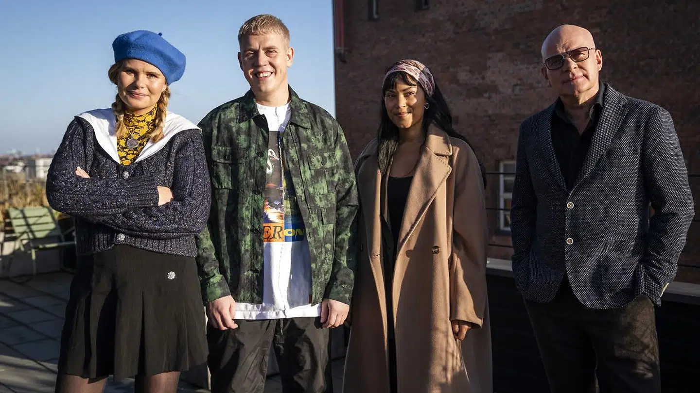 X Factor 2022'-dommerne Martin Jensen, Kwamie Liv og Thomas Blachman, samt værten Sofie Linde torsdag 16. december 2021 til pressemøde på 'X Factor'.