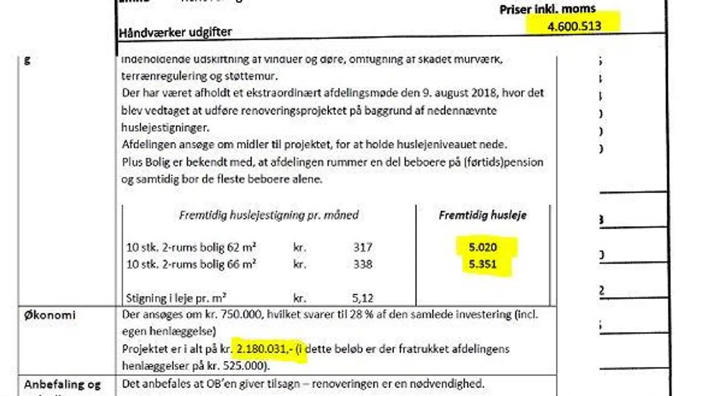 Bilag på de to tilbud for renovation hos Henning Schøn på K. Christensensvej –Plusbolig har udgifter for over 4,5 mio. (øverst), mens Hennings egen afdeling fandt et tilbud til ca. det halve. Det ville betyde 500 kroner om måneden i forskel i husleje.