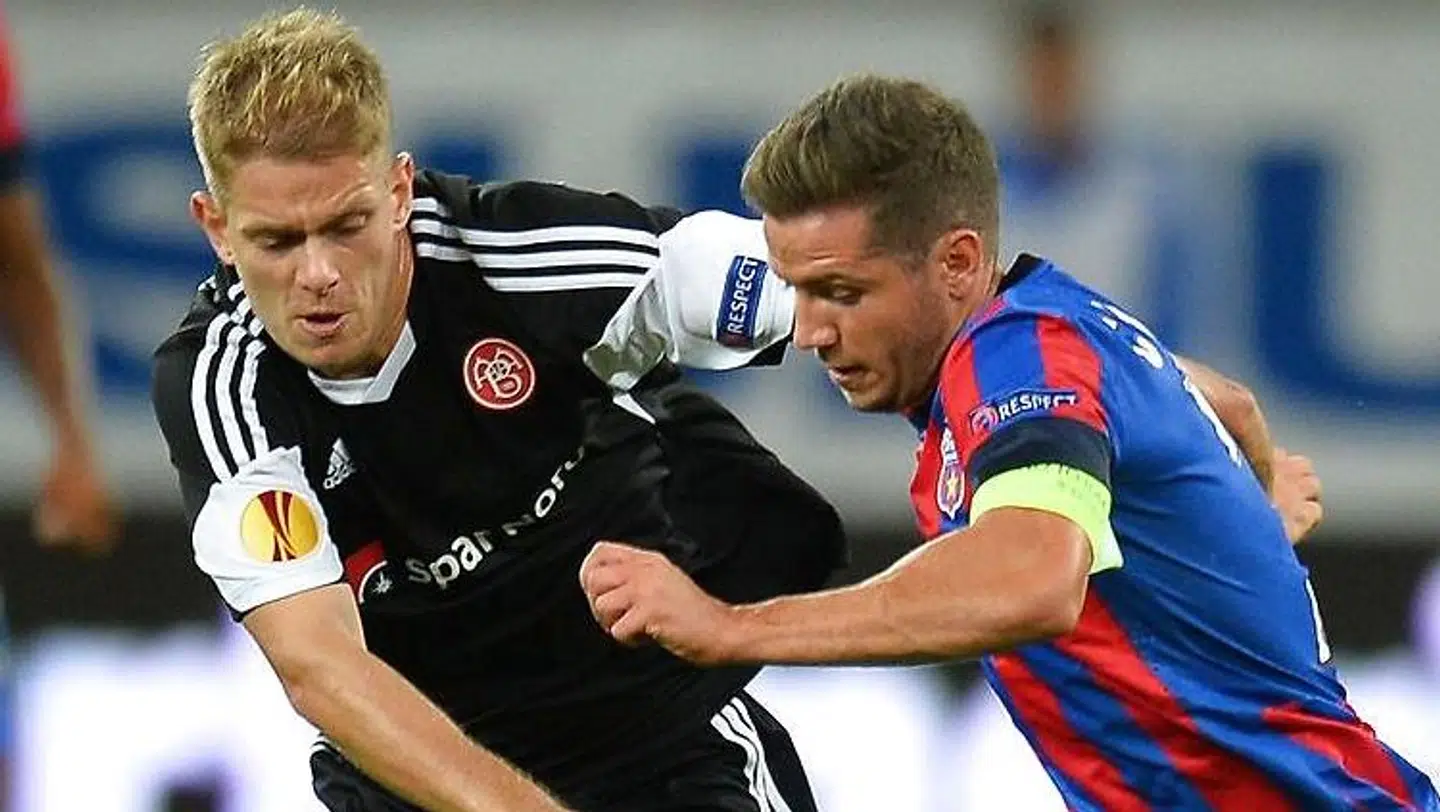 Mathias Wichmann nåede at spille Europa League i 2014. Her i udekamp Steaua Bucharest.